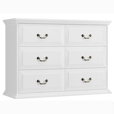 a white dresser with six drawers and two handles