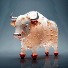 a glass sculpture of a bull with red and gold decorations on it's body