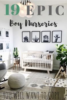 a baby's room with white furniture and pictures on the wall, including a crib