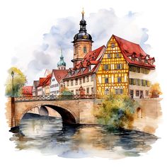 a watercolor painting of a bridge and buildings