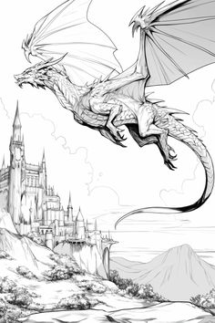 a black and white drawing of a dragon flying in front of a castle on a hill