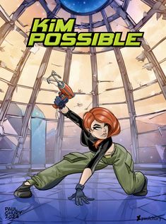 the cover to kim possible, an animated comic book with a woman in green pants and black