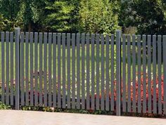 a white picket fence with red flowers in the foreground