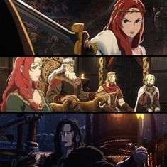 an animated scene with two different scenes in the same frame, one is red and the other has white hair