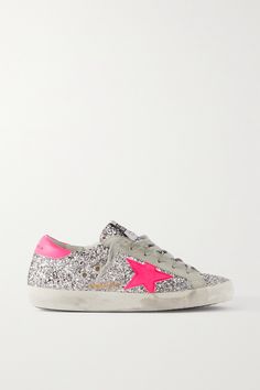 EXCLUSIVE AT NET-A-PORTER. Sure to spark joy, Golden Goose's shimmering 'Superstar' sneakers are made from leather saturated in silver glitter. They're accented with flashes of neon-pink and deliberately distressed for that signature love-worn look. Golden Goose Superstar, Trendy Shoes Sneakers, Preppy Shoes, Glitter Sneakers, Golden Goose Sneakers, Golden Goose Shoes, Golden Goose Deluxe Brand