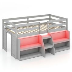 a bunk bed with two built - in shelves underneath it and a red light at the bottom