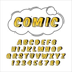 comic font and numbers in the shape of a cloud on a white background with yellow letters