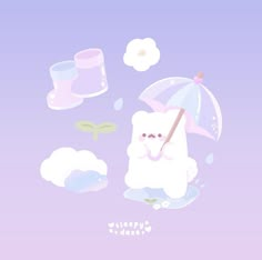 a white bear holding an umbrella in the air with clouds and flowers around it on a purple background