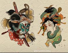 Namakubi Tattoo, Mask Tattoo Design, Japanese Mask Tattoo, Tattoo Templates, Mask Tattoo, Japanese Art Prints, Japanese Folklore