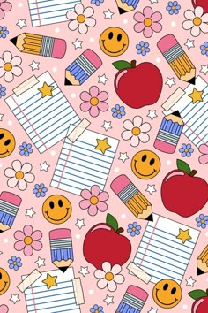 an apple, pencils, and stars on a pink background with notebooks in the middle