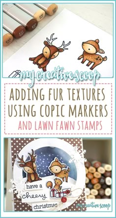 some christmas cards with the words, my creative scrap adding fur textures using copic markers and lawn fawn stamps