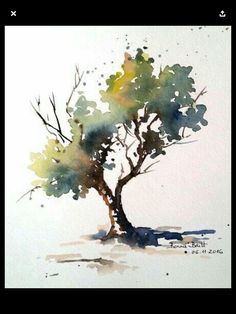 a watercolor painting of a tree in the snow