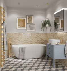 a bathroom with a checkered floor and white bathtub