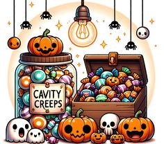 a cartoon halloween scene with pumpkins, jack - o'- lanterns and skulls