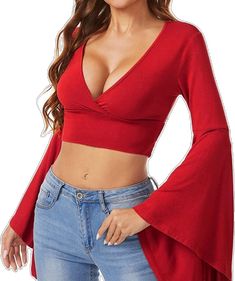 Red Fitted V-neck Top, Fitted Red Tops For Spring, Red Stretch Tops For Spring, Stretch Red Tops For Spring, Stretch Red Top For Spring, Trendy Stretch Red Blouse, Red Fitted V-neck Crop Top, Red V-neck Crop Top For Spring, Spring Red V-neck Crop Top