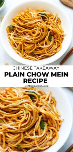 two plates with noodles and chopsticks on the side, one plate has chinese takeaway plain chow mein