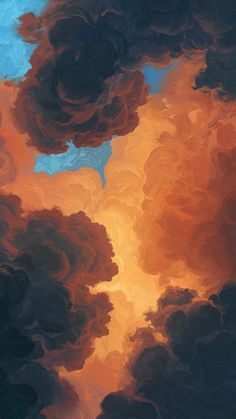 the sky is filled with orange and blue clouds as if it were an abstract painting