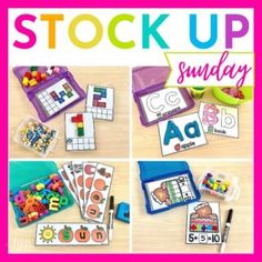 several pictures of different activities for children to do with the alphabet and numbers on them