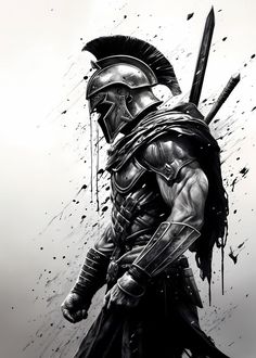 a black and white drawing of a roman soldier with two swords in his hand,