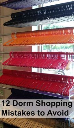 a rack filled with lots of different colored items in front of a window that says 12 dorm shopping mists to avoid