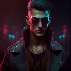 a man wearing sunglasses and a leather jacket in the dark with neon lights behind him