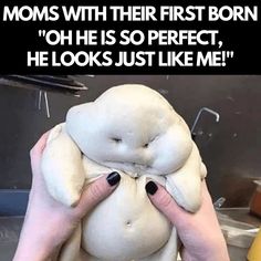 a woman holding a stuffed animal in her hands with the caption moms with their first born oh he is so perfect, he looks just like me