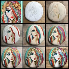 six pictures of different colored hair painted on rocks