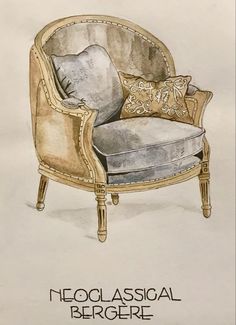 a drawing of an old chair with pillows on it and the words neo classical bergre