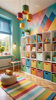 a colorful room with lots of shelves and baskets on the floor in front of a window