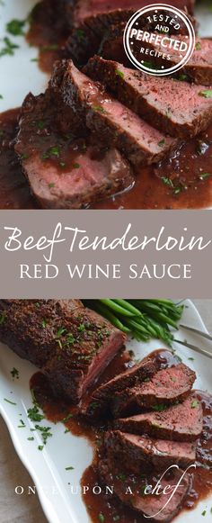 beef tenderie with red wine sauce on a white plate