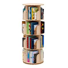 a wooden book shelf with several books on it's sides and two rows of books in the middle