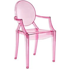 a pink plastic chair with a circular back