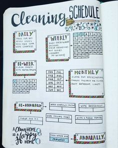 an open planner with the words cleaning schedule written in black ink on top of it