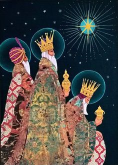 an image of three kings with crowns on their heads in the night sky, surrounded by stars