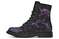 Purple Glowing Unicorn - Raad Shop Printed Boots, Boot Print, Black Boots Women, Made With Love, Boots Black, Cute Shoes, Boots Men, Combat Boots, Vegan Leather