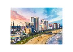 an aerial view of the beach and ferris wheel in front of city buildings at sunset