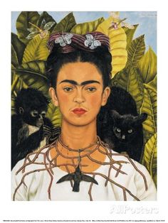 a painting of a woman with birds on her head and two cats in the background