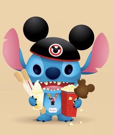 a cartoon character holding a popcorn bucket and eating an ice cream cone