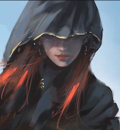 a digital painting of a woman with long red hair wearing a hoodie and holding a cell phone