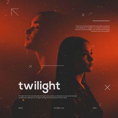 two people standing next to each other in front of a red background with the words twilight on it