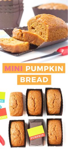 mini pumpkin bread loafs are cut in half and placed next to each other