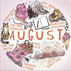 the word august written in german surrounded by pictures of cats, books and other things