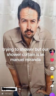 a man with his hands on his hips standing in front of a poster that says, trying to shower but our shower curtain is lin