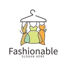 clothing store logo with three dresses hanging on a hanger and the words fashionable