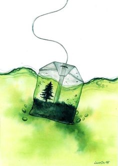 an ice cube floating in the water with a tree on it's side, surrounded by bubbles