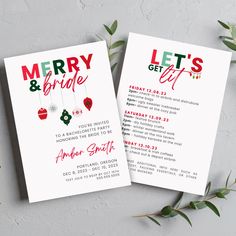 two merry and bright christmas party cards on top of a table next to greenery