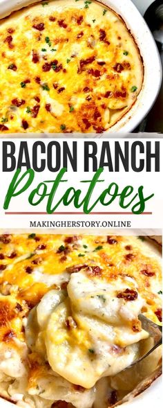 bacon ranch potato casserole in a white dish with the title text above it