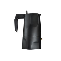 a black coffee pot is shown on a white background, with the handle extended up