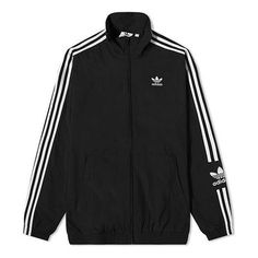 Men's adidas originals Stripe Logo Loose Stand Collar Sports Jacket Autumn Black H41391 (Loose Fit/Gift to Boyfriend) Sporty Adidas Windbreaker For Winter, Adidas Sporty Track Jacket With Logo, Sporty Adidas Track Jacket, Adidas Nylon Track Jacket For Streetwear, Adidas Athleisure Track Jacket For Sports, Urban Hooded Track Jacket With Adidas Logo, Urban Style Hooded Track Jacket With Adidas Logo, Sporty Hooded Windbreaker With Adidas Logo, Sporty Adidas Windbreaker With Logo