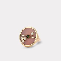 Compass Ring - Pink Opal / Green Tourmaline – Retrouvai | Modern Heirlooms Compass Ring, Red Tourmaline, Compass Pendant, The Compass, Natural Gemstone Jewelry, Pink Ring, White Quartz, Yellow Gold Ring, Pink Opal